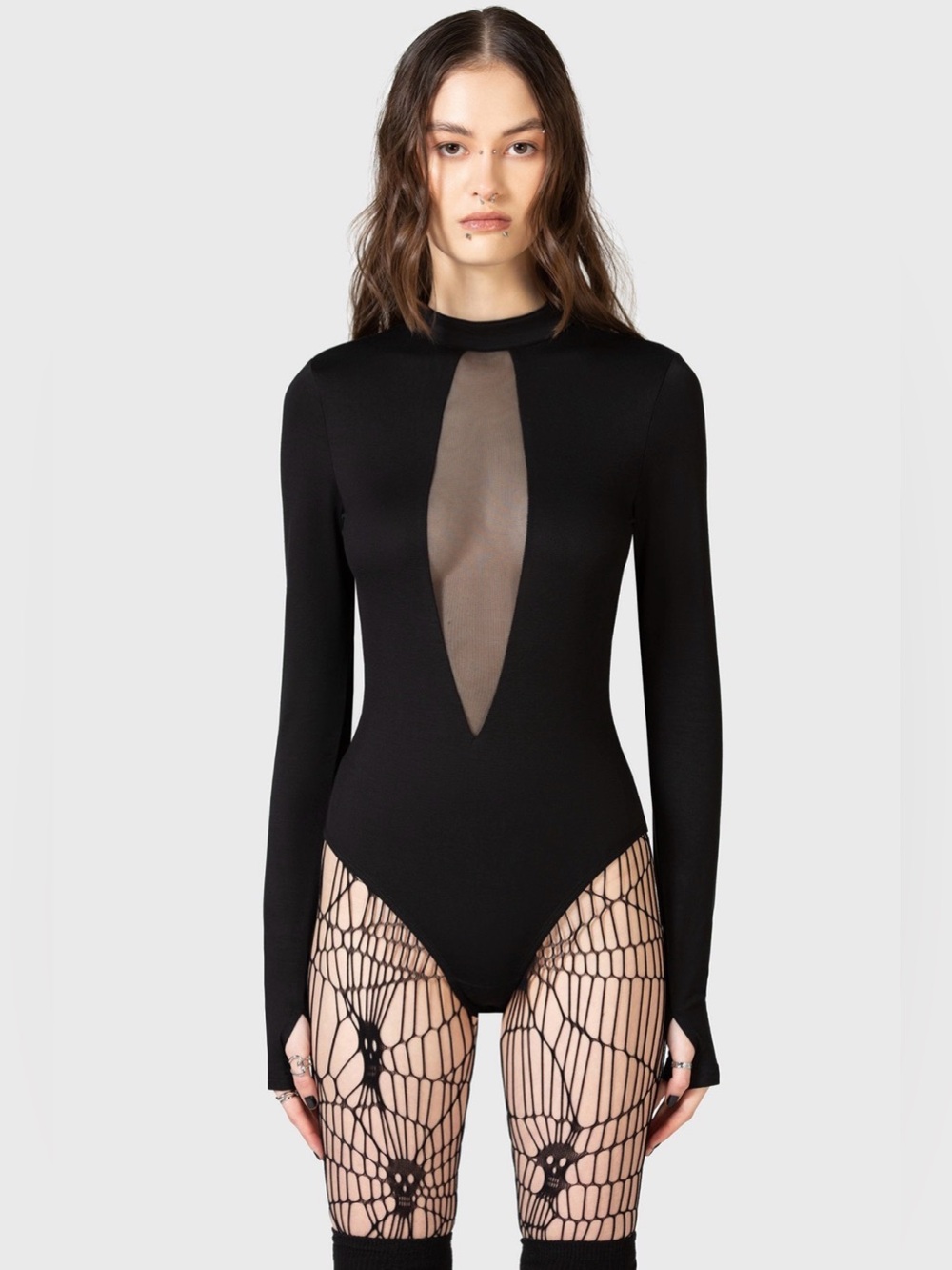 Killstar Black Long-Sleeve Mesh-Front Bodysuit